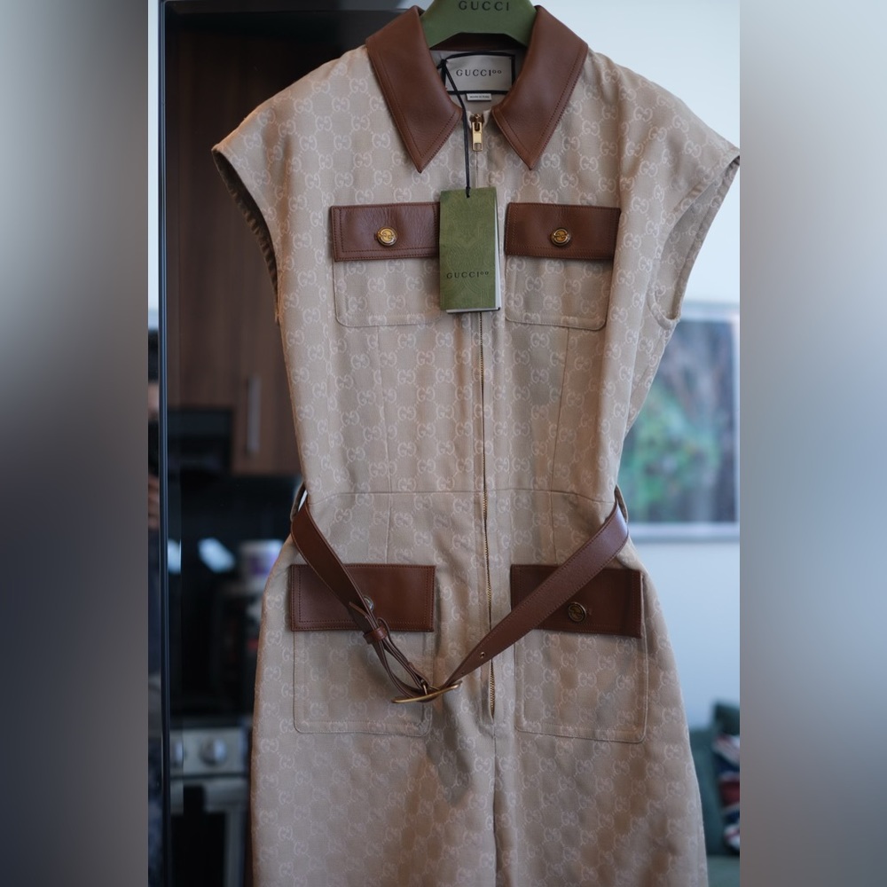 GUCCI ROMPER - GG PRINT canvas with leather detail.